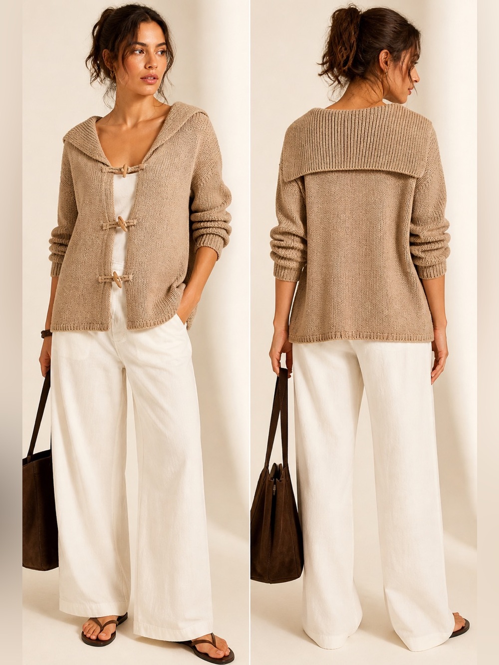 Woolrich Sailor Collar Knit Cardigan Oatmeal Toggle Cozy Sz L